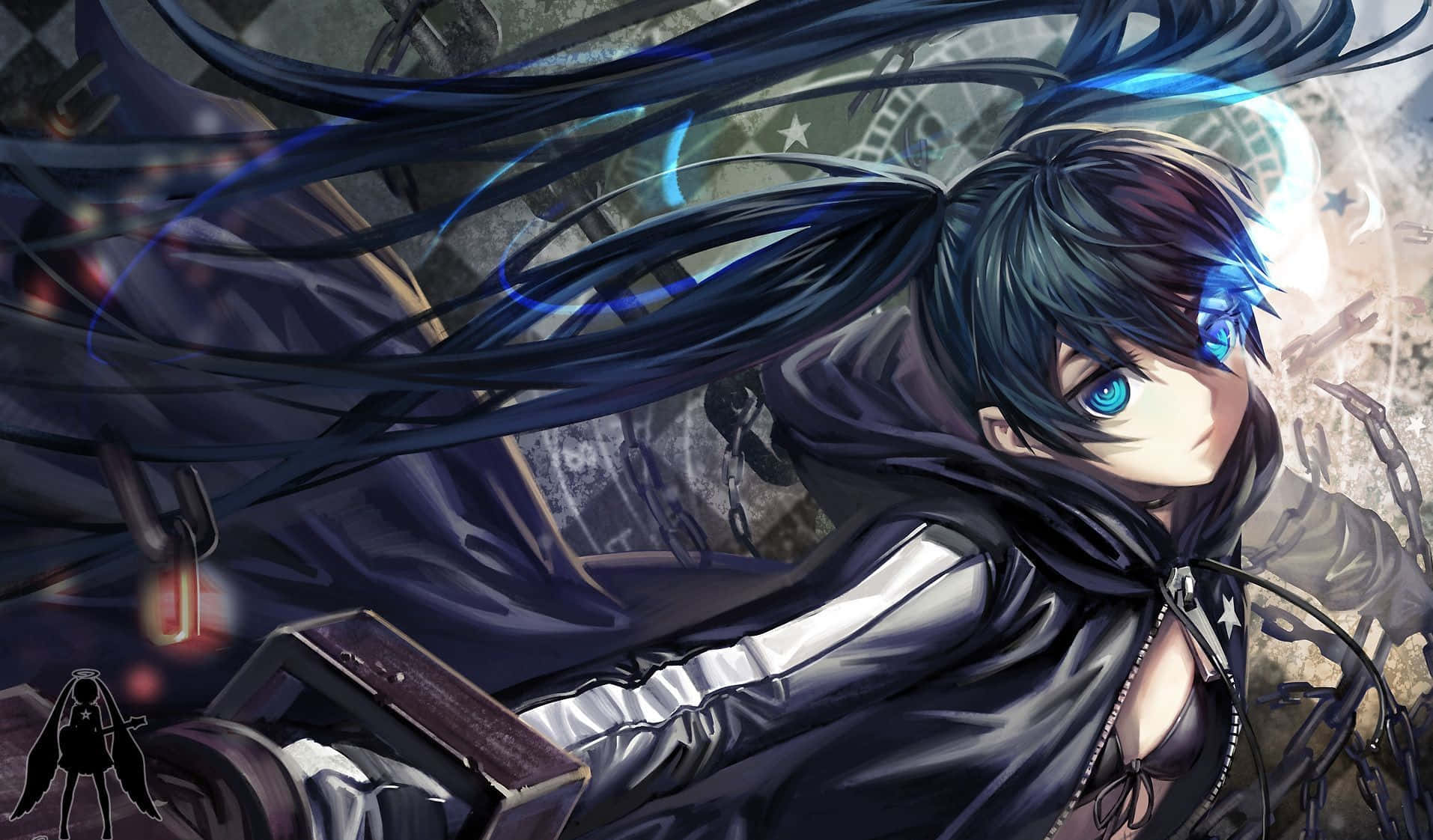 black rock shooter 桌布 壁紙 — 擁有發光藍眼睛和飄逸黑髮的動漫女孩，在鎖鏈和機械齒輪中抱著一本書。