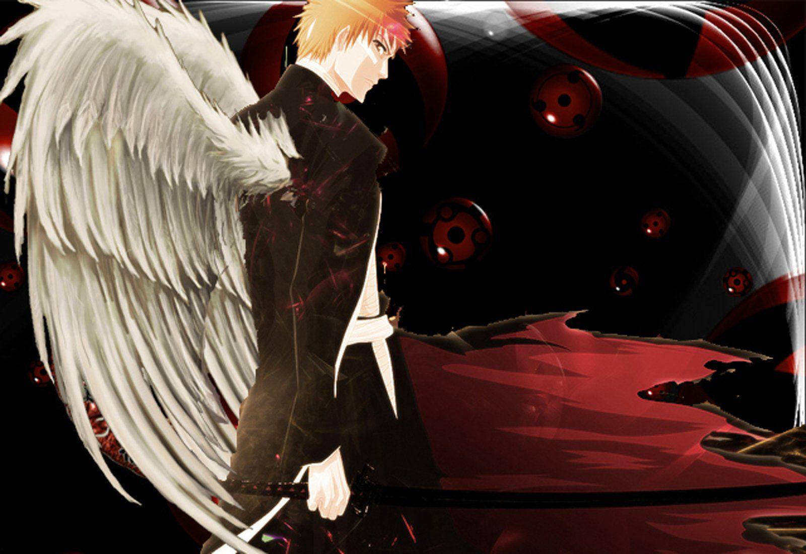 Bankai 桌布 壁紙 — 擁有白色天使翅膀的動漫角色站在深紅色和黑色漩渦背景中，漂浮著紅色球體。