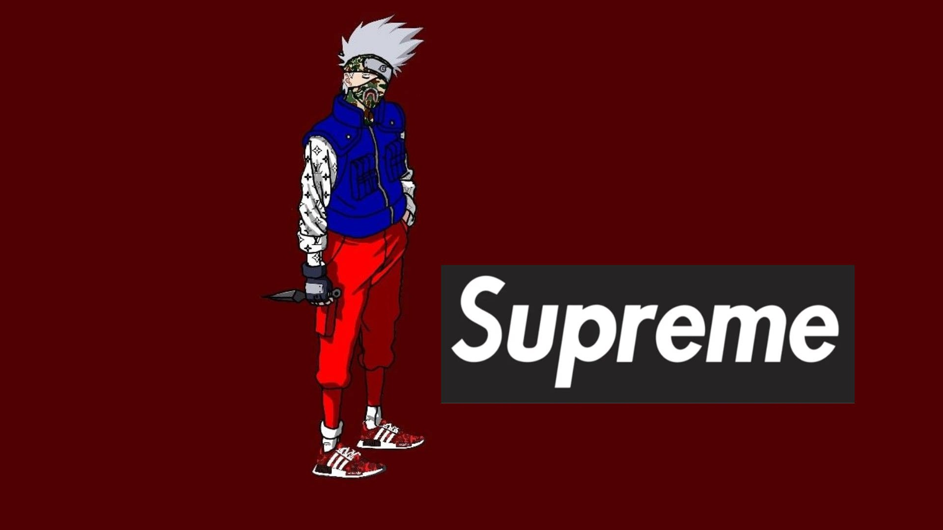 supreme 桌布 壁紙 — 擁有白色尖刺頭髮和面具的動漫角色站在紅色背景上，旁邊是 Supreme 標誌。