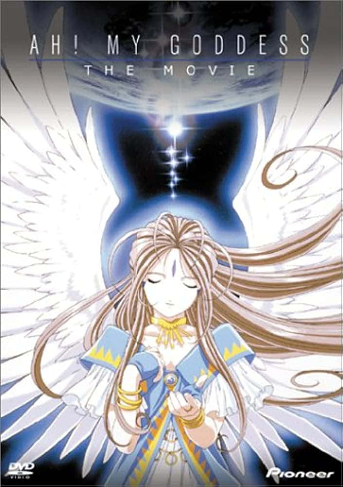 Ah My Goddess 桌布 壁紙 — 擁有白色翅膀和藍色長袍的動漫女神，在宇宙背景下從手中散發出神聖的光芒。
