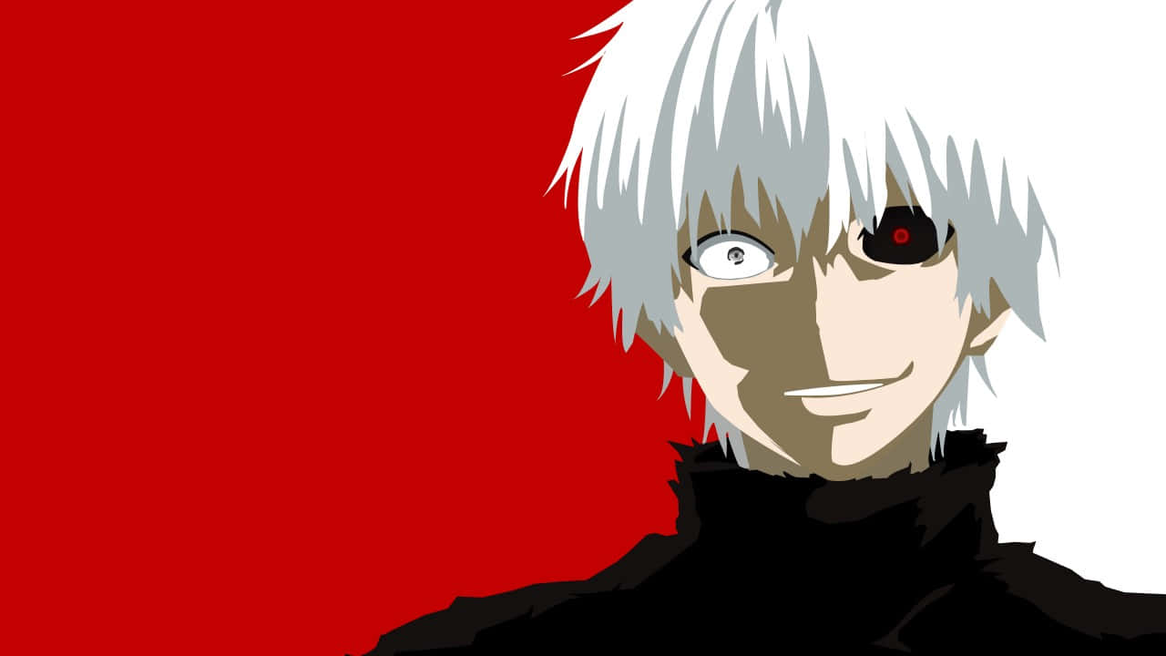 Ken Kaneki 桌布 壁紙 — 擁有白髮和一隻紅眼睛的動漫角色在鮮明的紅白背景上微笑。