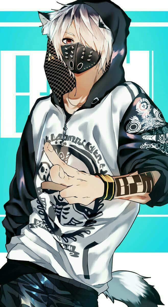 動漫男孩 桌布 壁紙 — 擁有白髮和狼耳的角色戴著黑色面具和連帽衫，在青綠色背景前指向觀眾。