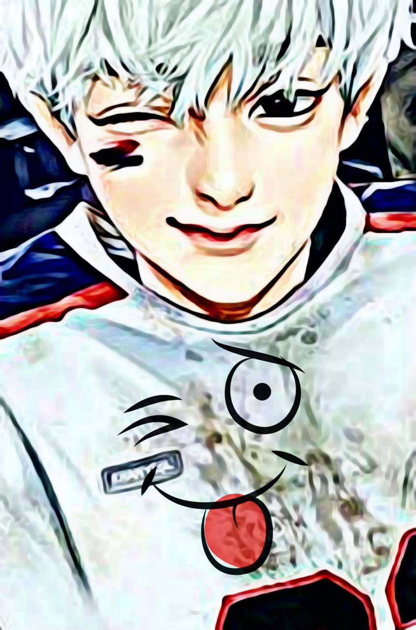 動漫男孩 桌布 壁紙 — 擁有白髮和襯衫上畫有頑皮卡通臉的動漫角色向觀眾眨眼。