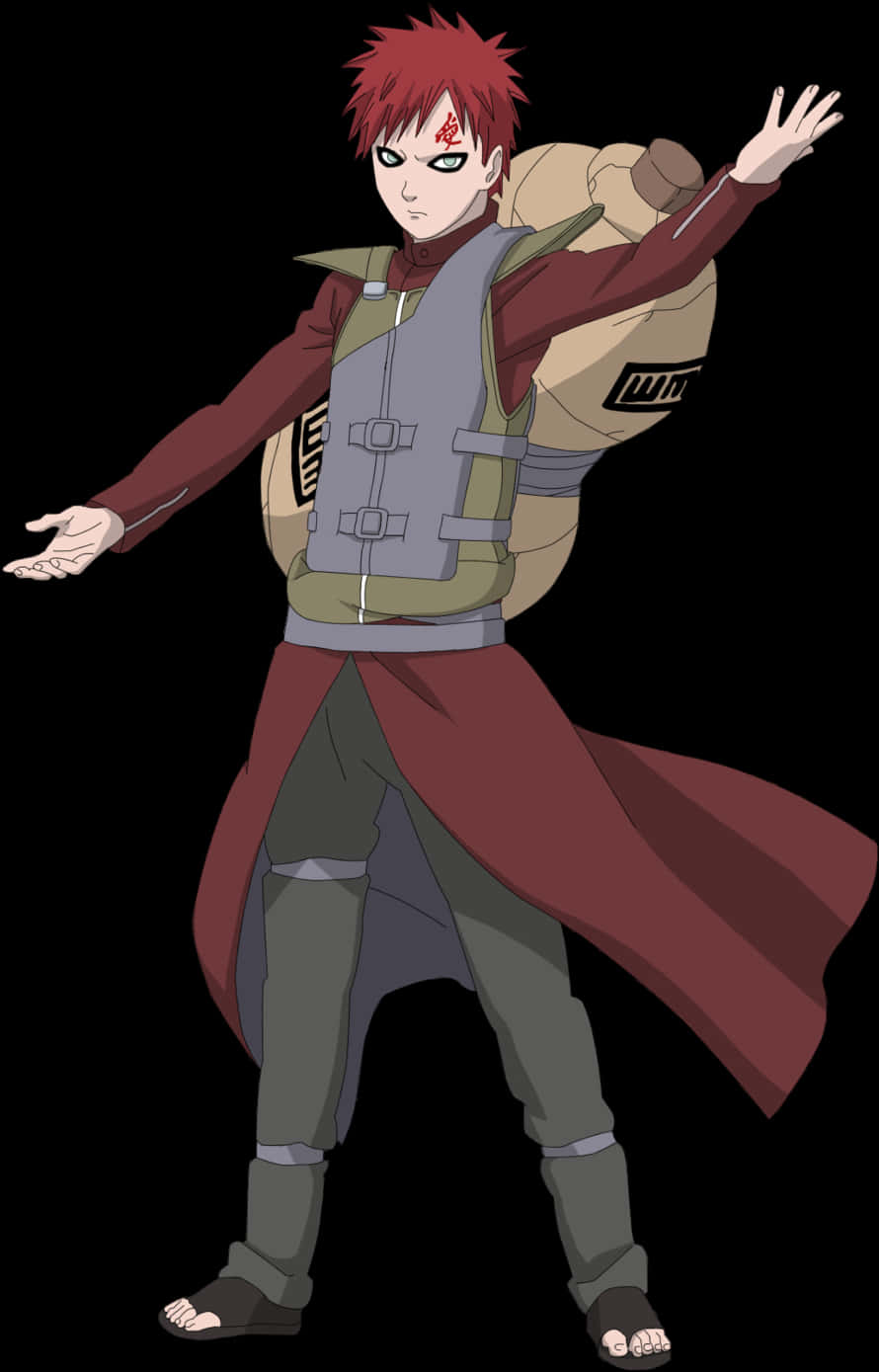 Gaara Naruto Anime 桌布 壁紙 — 擁有紅色尖刺頭髮和綠色眼睛的動漫角色，穿著紅色斗篷和米色背包，以動態姿勢站在黑色背景前。