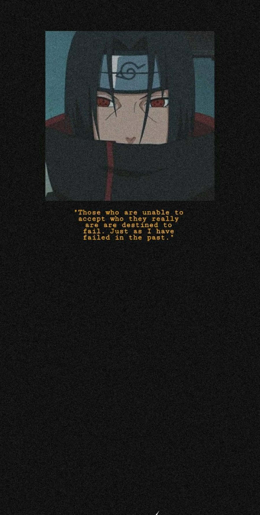 Akatsuki Quotes 桌布 壁紙 — 擁有紅色眼睛和深色頭髮的動漫角色，在黑暗背景中戴著頭帶和斗篷，並附有引文。