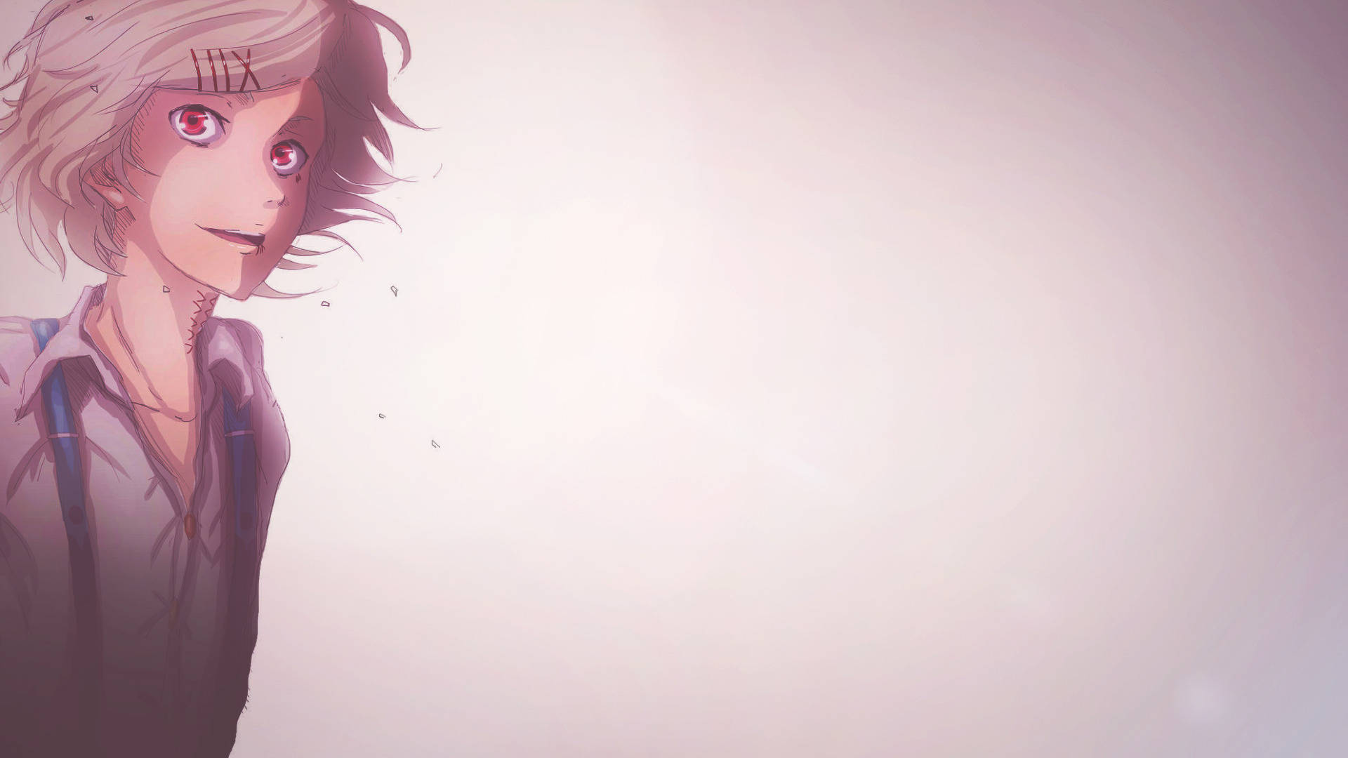 Juuzou Tokyo Ghoul 4K 桌布 壁紙 — 擁有紅色眼睛和淺色頭髮的動漫角色，在柔和的粉紅色漸變背景上側視。