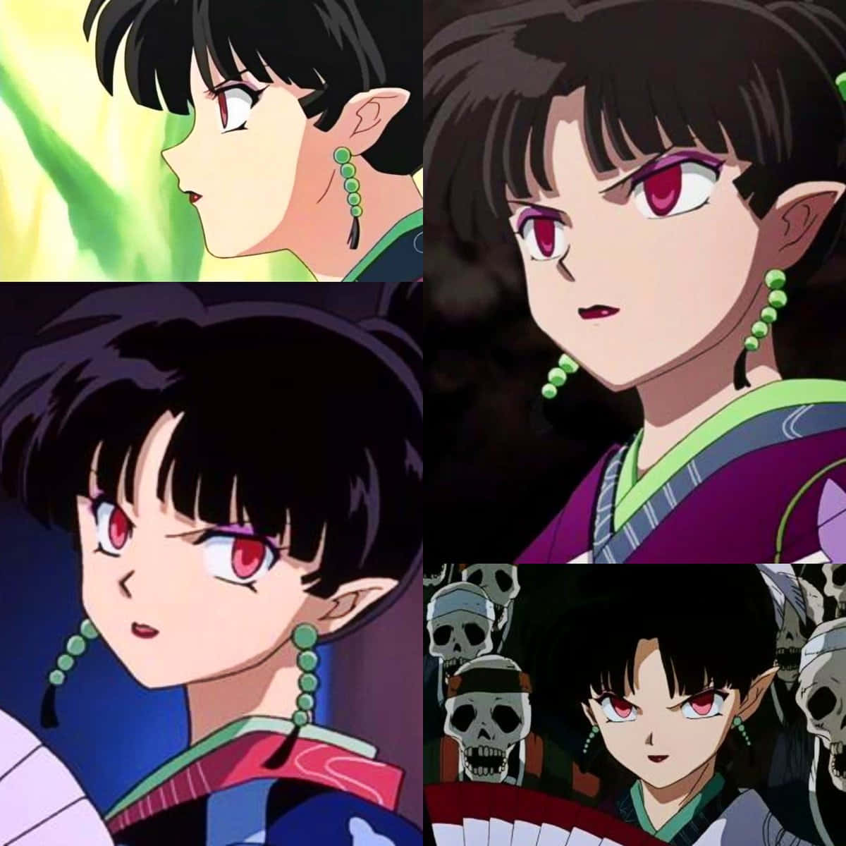 Inuyasha Kagura 桌布 壁紙 — 擁有紅色眼睛和綠色耳環的動漫角色，以四個富有表現力的特寫面板展示。