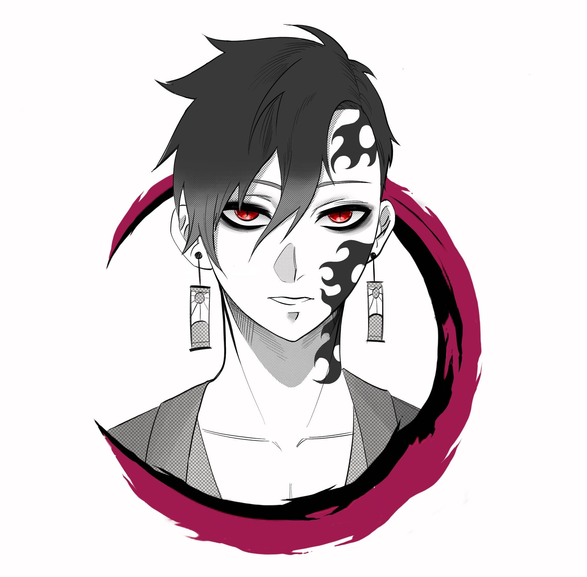 Demon Slayer Black And White 桌布 壁紙 — 擁有紅色眼睛和黑白臉部標記的動漫角色，以鮮豔的洋紅色漩渦框住。