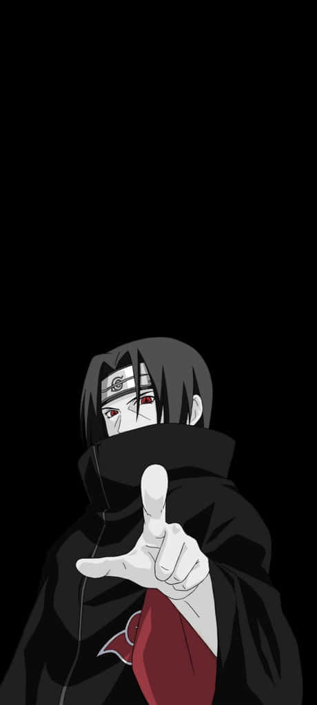 akatsuki itachi 桌布 壁紙 — 擁有紅色眼睛和黑色斗篷的動漫角色在純黑色背景上直接指向觀眾。
