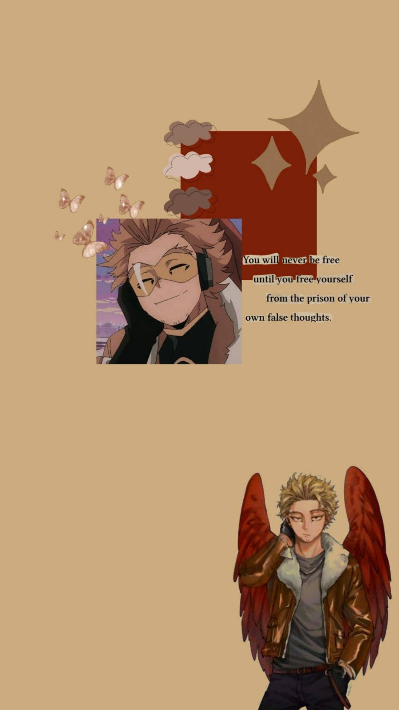 Hawks My Hero Academia 桌布 壁紙 — 擁有紅色翅膀和耳機的動漫角色在蝴蝶和雲朵環繞的自由名言旁微笑。
