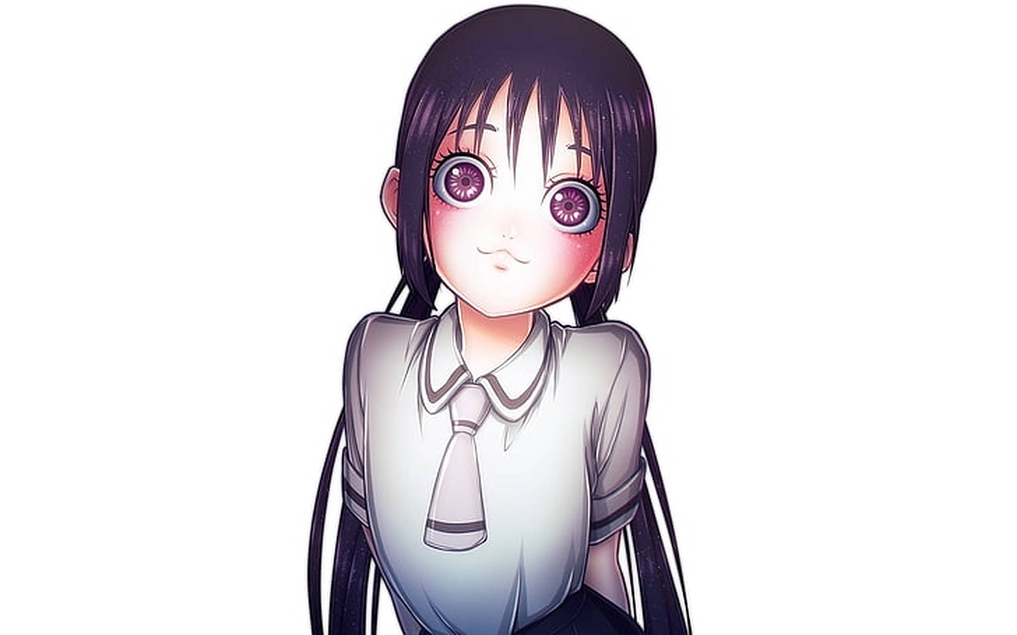 asobi asobase 桌布 壁紙 — 擁有紫色大眼睛和深色頭髮的動漫女孩，在純白背景前穿著白色校服。