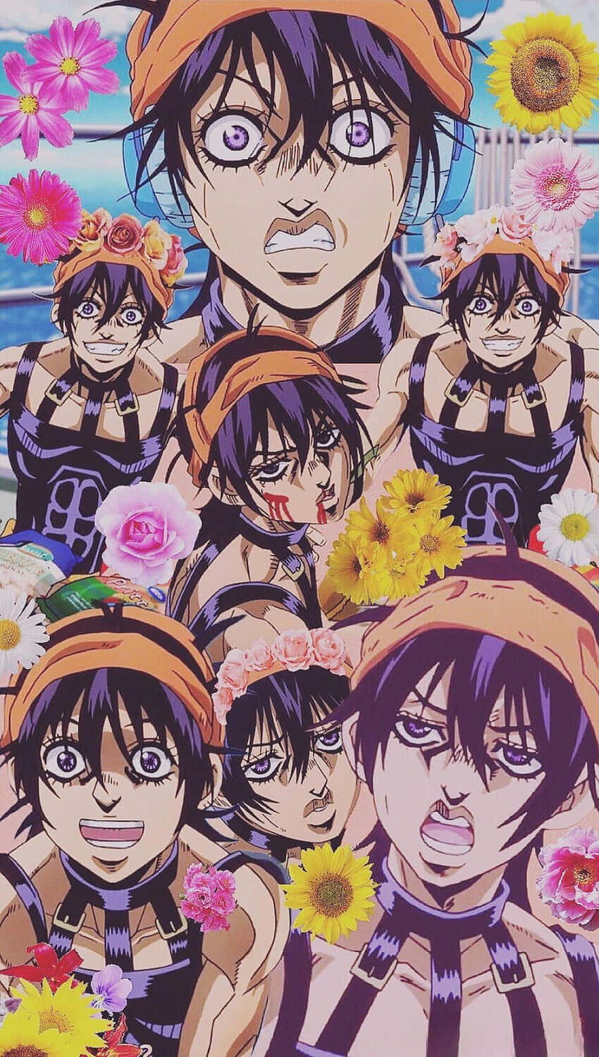 Narancia Ghirga 桌布 壁紙 — 擁有紫色眼睛和橙色頭帶的動漫角色，被鮮豔的粉紅色、黃色和白色花朵包圍。
