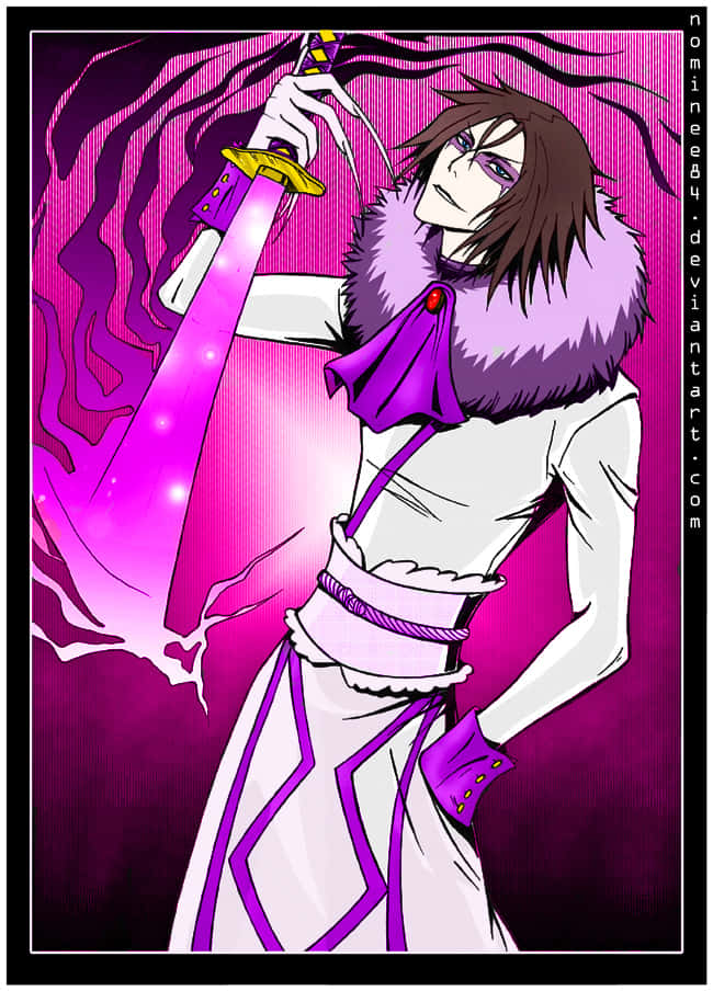 Bleach Muramasa 桌布 壁紙 — 擁有紫色眼睛和毛領的動漫角色，在旋轉的洋紅色背景中揮舞著發光的粉紅色劍。