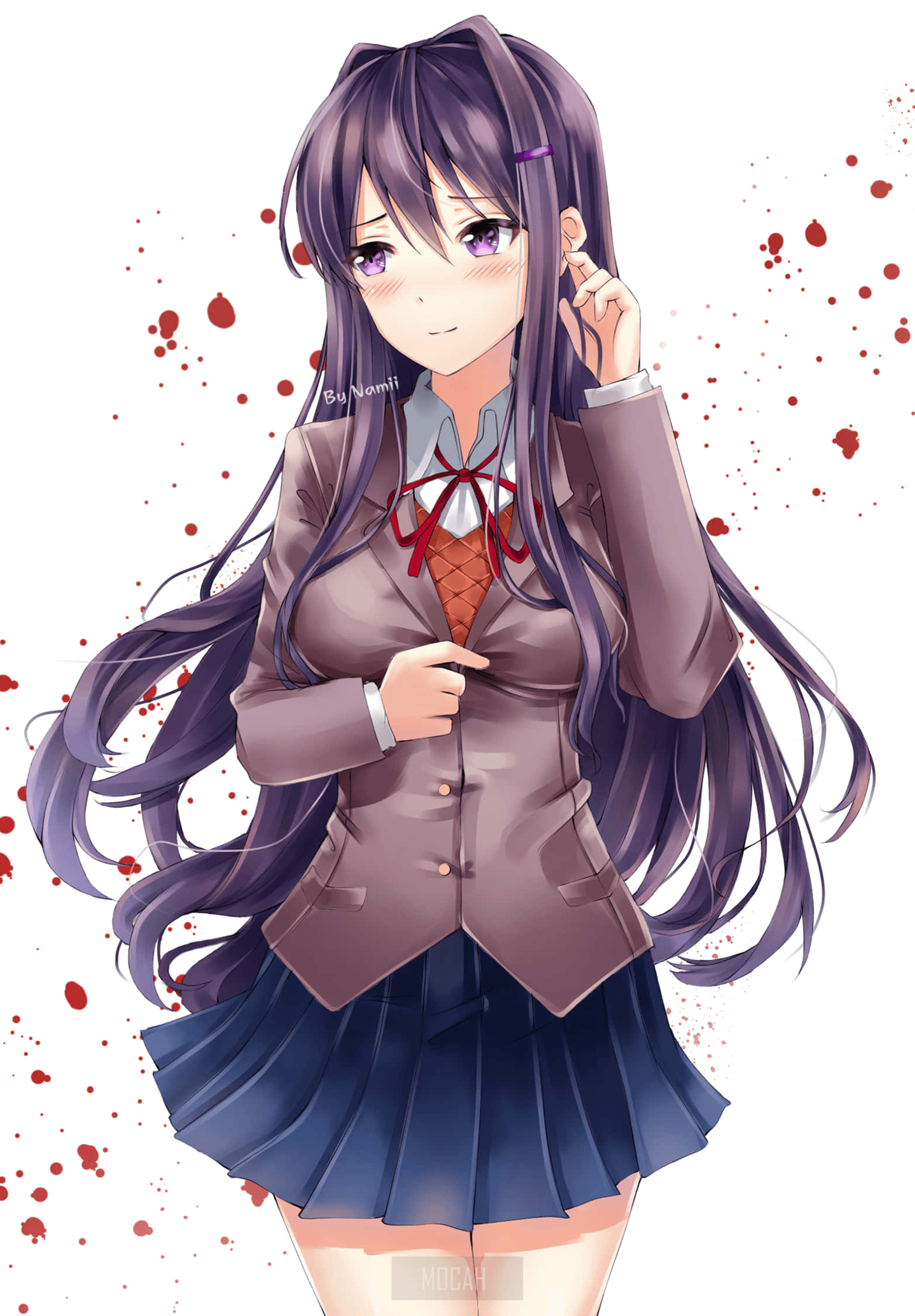 Ddlc 桌布 壁紙 — 擁有紫色長髮和紫色眼睛的動漫女孩穿著校服微笑，同時調整耳朵，周圍有紅色飛濺。