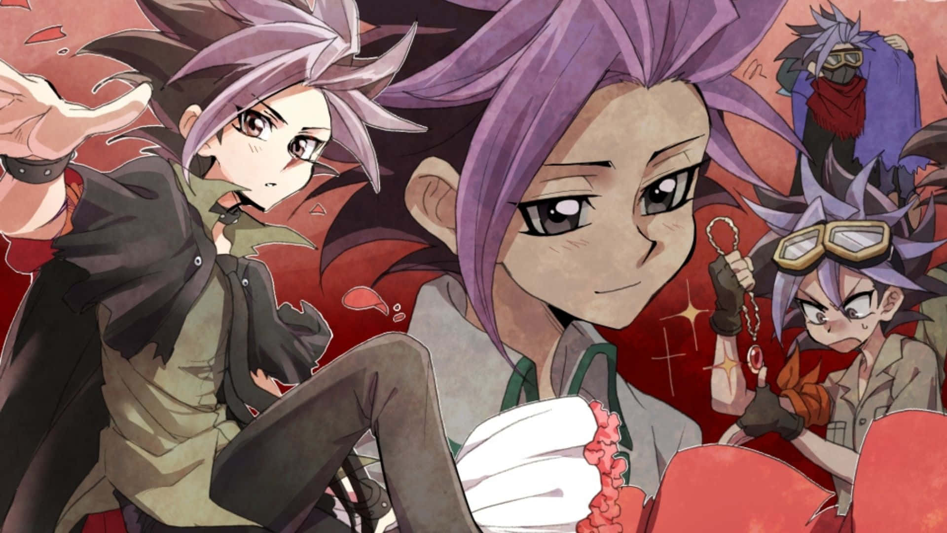 Yu-gi-oh Yuto 桌布 壁紙 — 擁有紫色頭髮和堅定表情的動漫角色在火紅背景前動態擺姿勢。