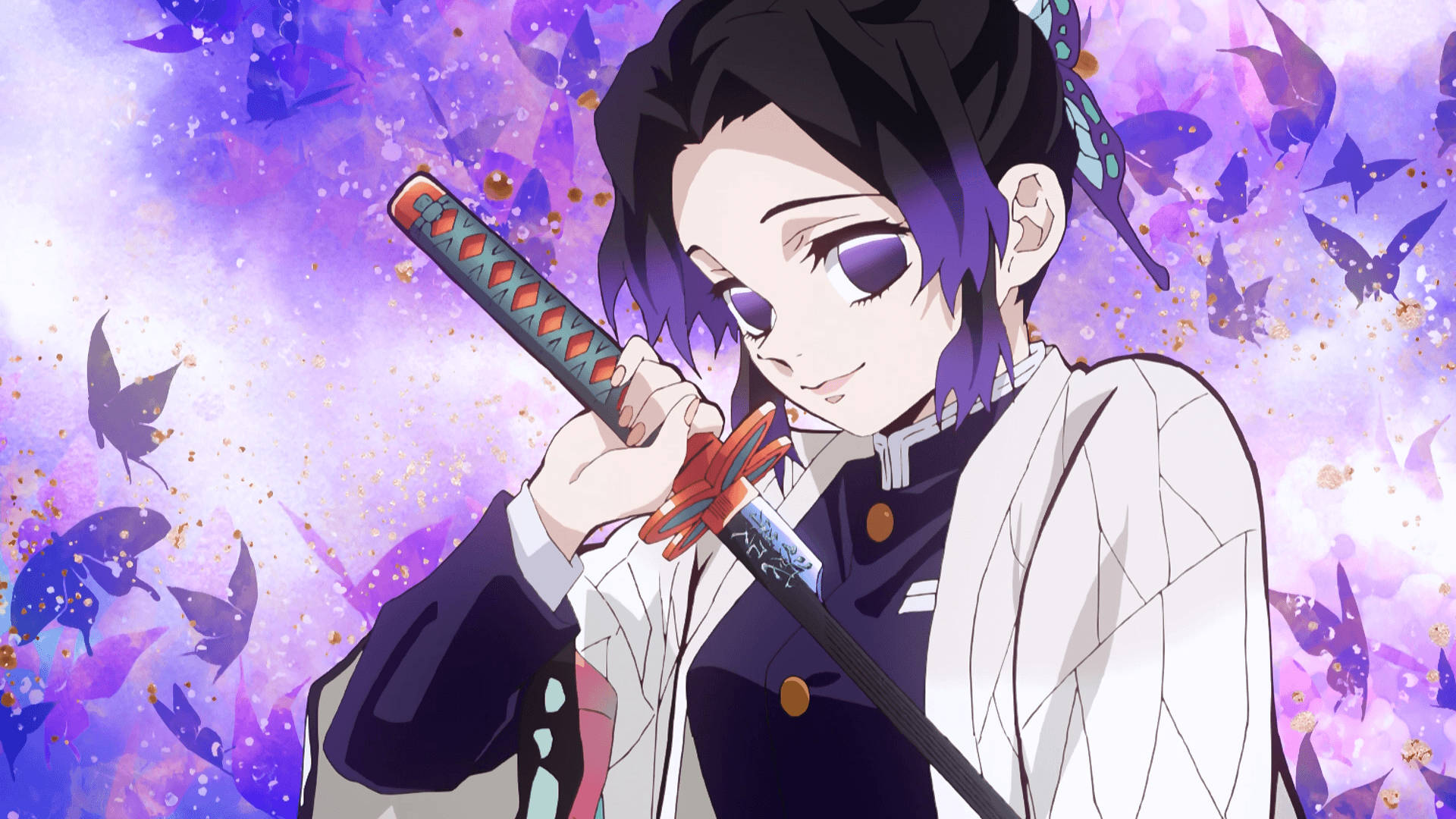 kanae kocho 桌布 壁紙 — 擁有紫色頭髮和眼睛的動漫角色，在充滿蝴蝶的鮮豔紫色背景前手持武士刀。
