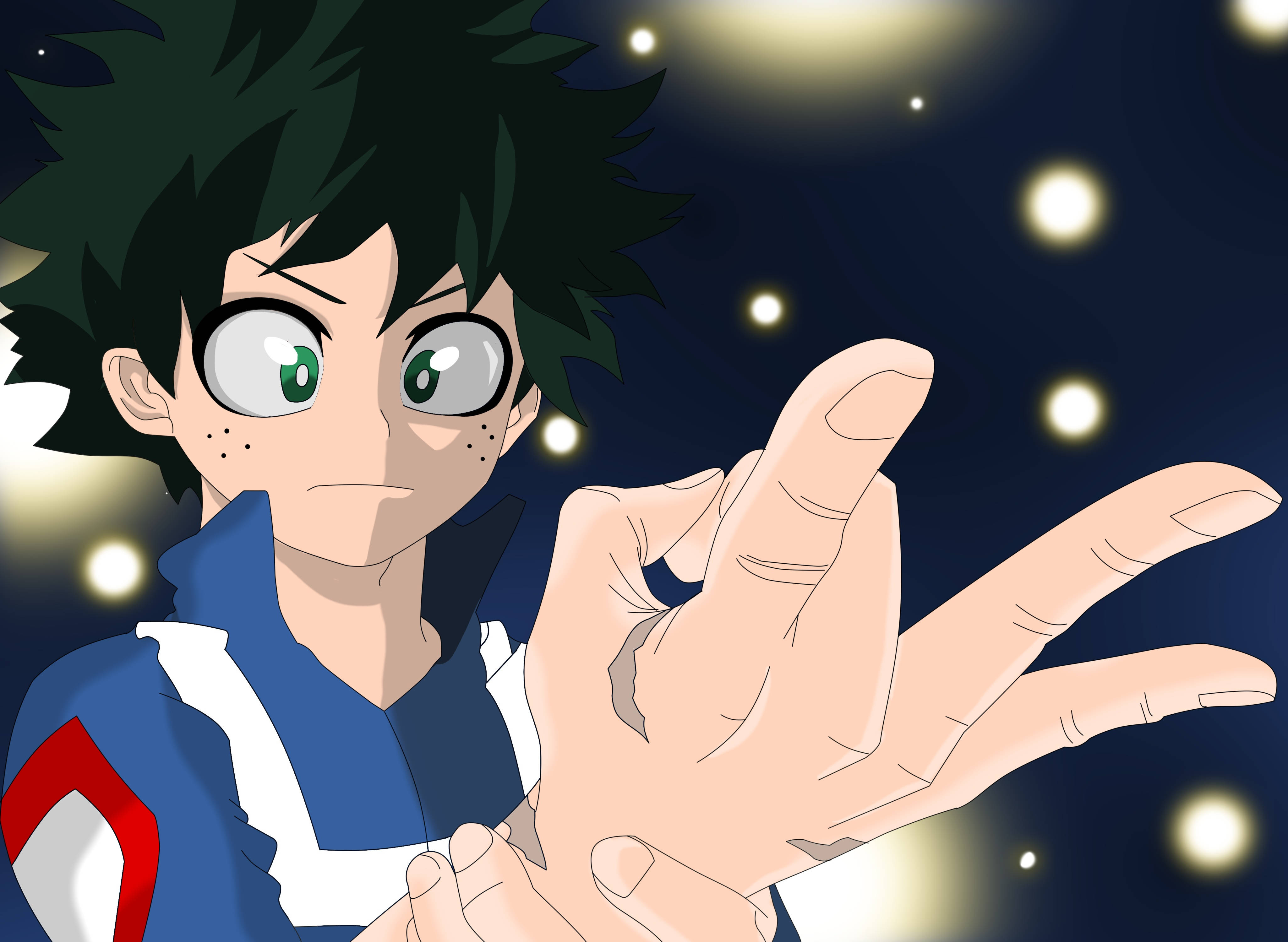 4K 桌布 壁紙 — 擁有綠色眼睛和刺蝟頭髮的動漫男孩，在閃爍柔和光芒的星空下向前伸出手。