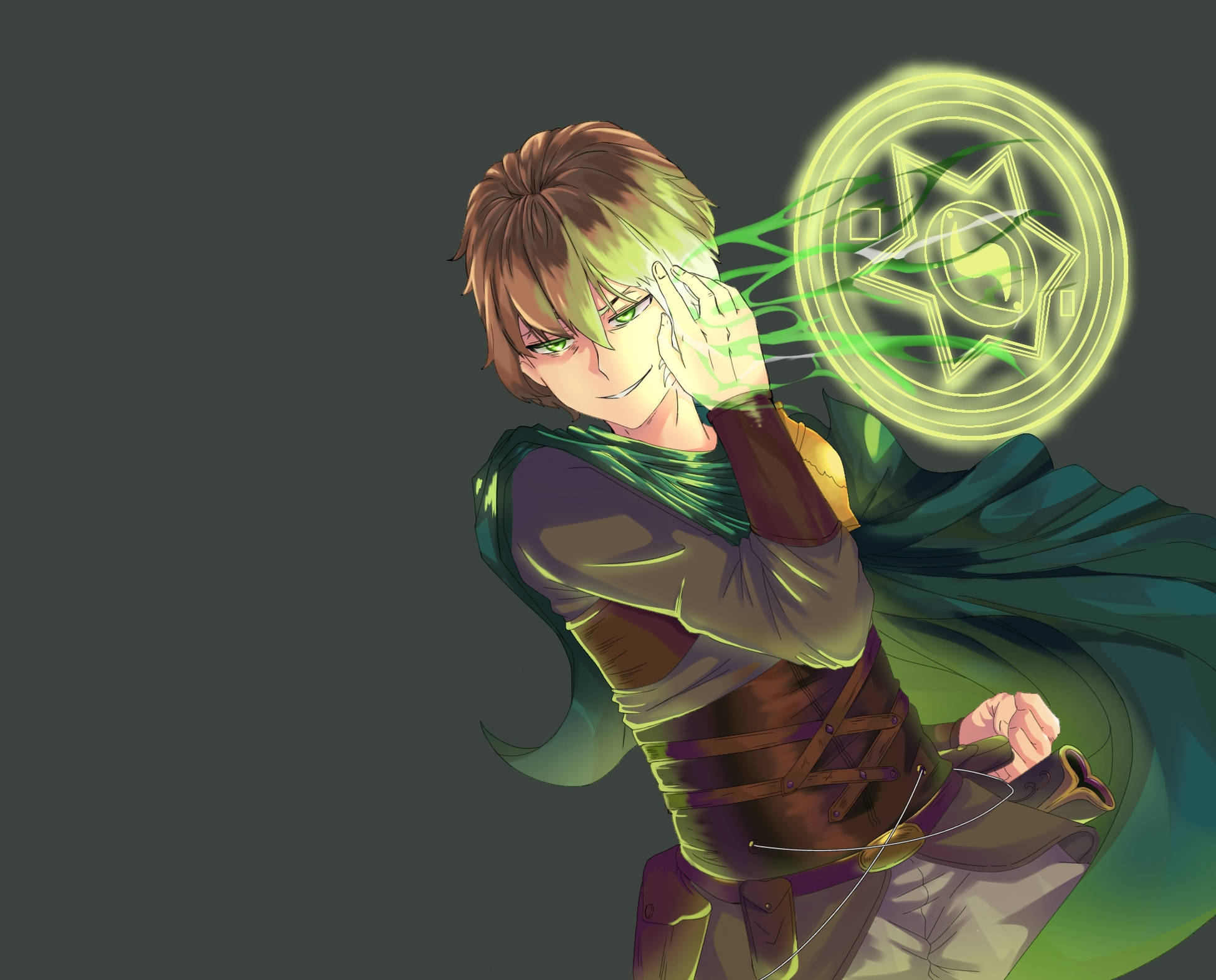 Healer 桌布 壁紙 — 擁有綠色眼睛和斗篷的動漫角色，將發光的綠色魔法引導到一個圓形符印中。