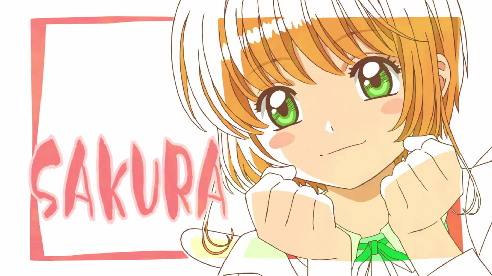 Cardcaptor 桌布 壁紙 — 擁有綠色眼睛和橙色頭髮的動漫女孩，手持白色手套靠近臉龐，開心地微笑。