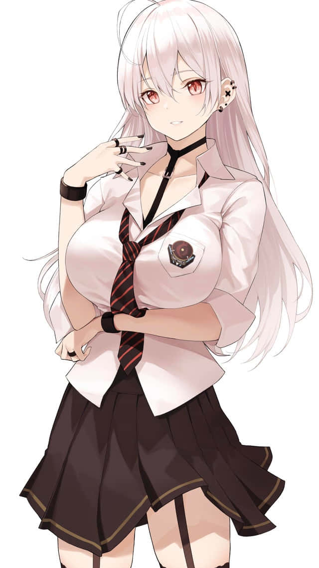 動漫女孩 桌布 壁紙 — 擁有蒼白頭髮和紅色眼睛的動漫女孩，穿著校服在純白背景前自信地擺姿勢。