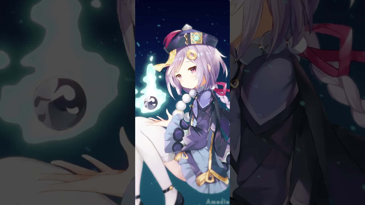 Genshin Impact Qiqi 桌布 壁紙 — 擁有薰衣草色頭髮和發光靈球的動漫女孩，在繁星點點的夜空中漂浮。