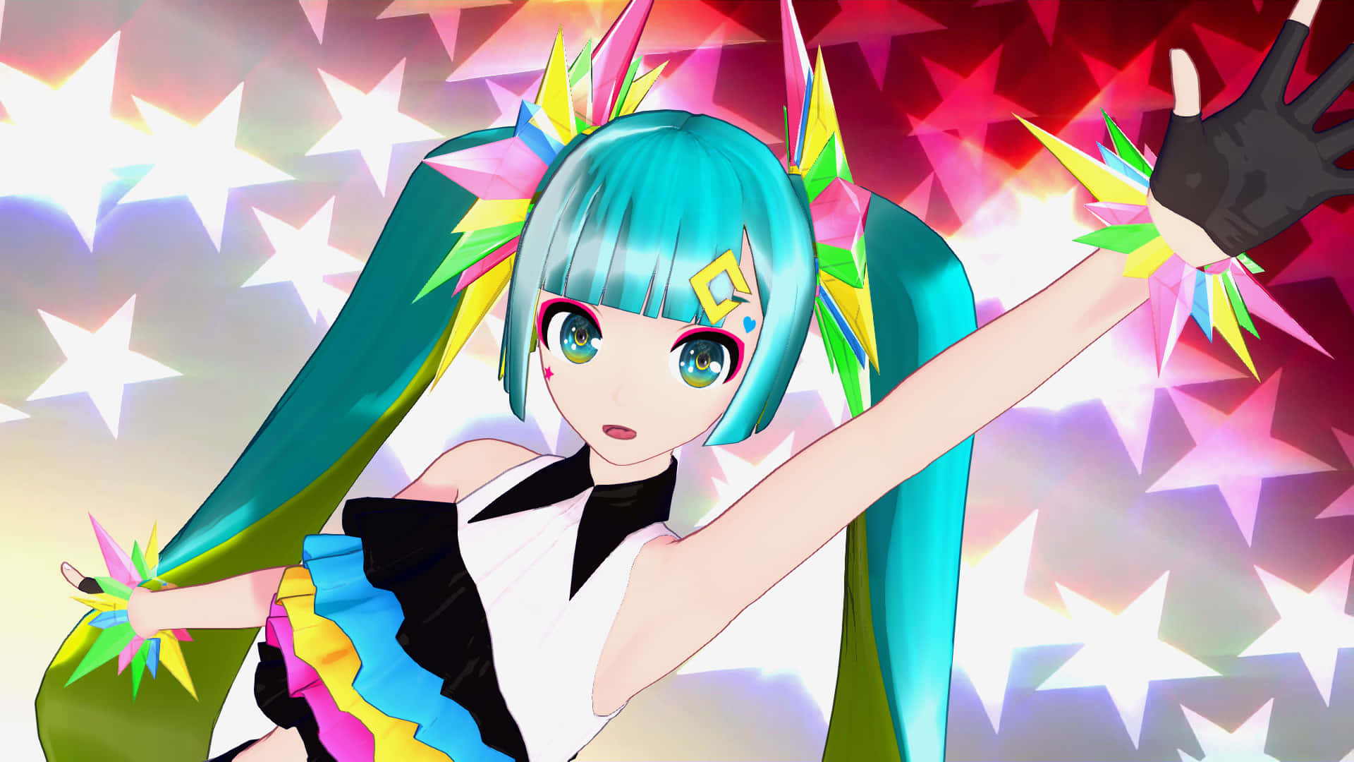 初音未來 桌布 壁紙 — 擁有藍綠色雙馬尾和星空背景的動漫女孩在鮮豔的彩虹色中跳舞。