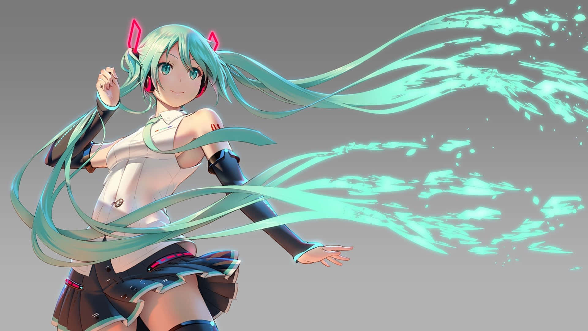 初音未來 桌布 壁紙 — 擁有藍綠色雙馬尾和粉紅色角的動漫女孩，在純灰色背景上以動態動作引導發光能量。