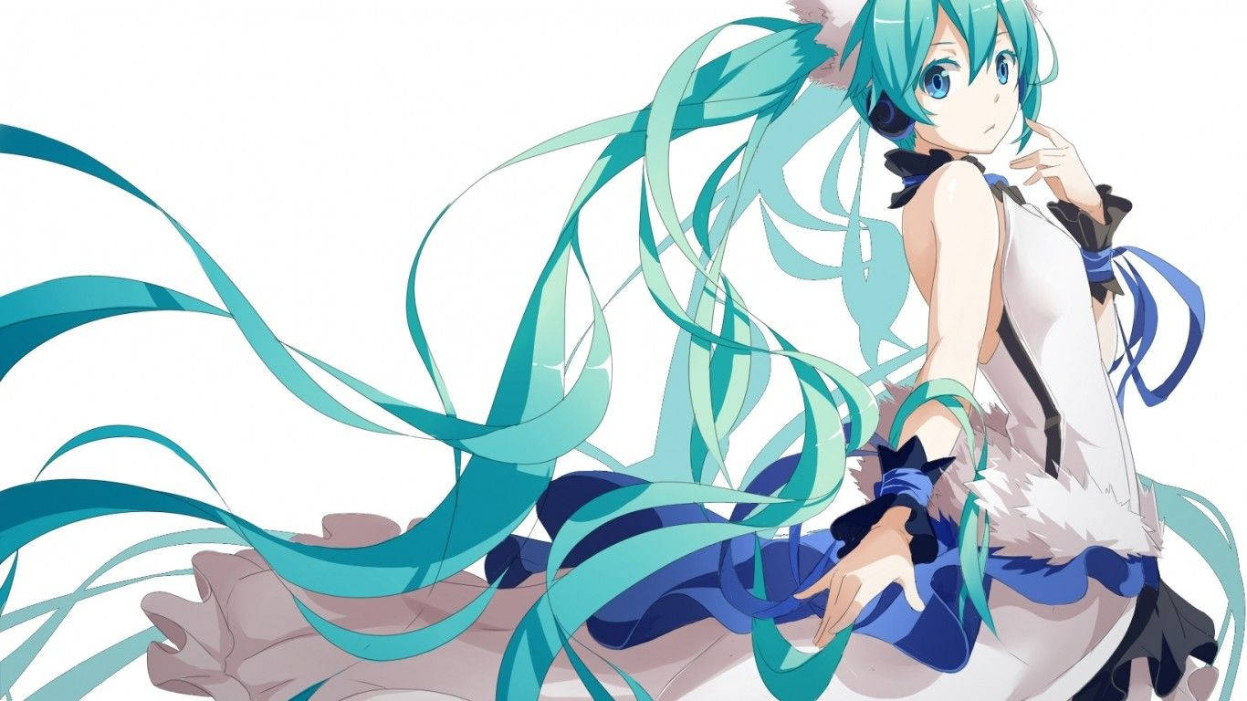 miku 桌布 壁紙 — 擁有藍綠色雙馬尾和藍色眼睛的動漫角色在純白色背景前優雅地擺姿勢。