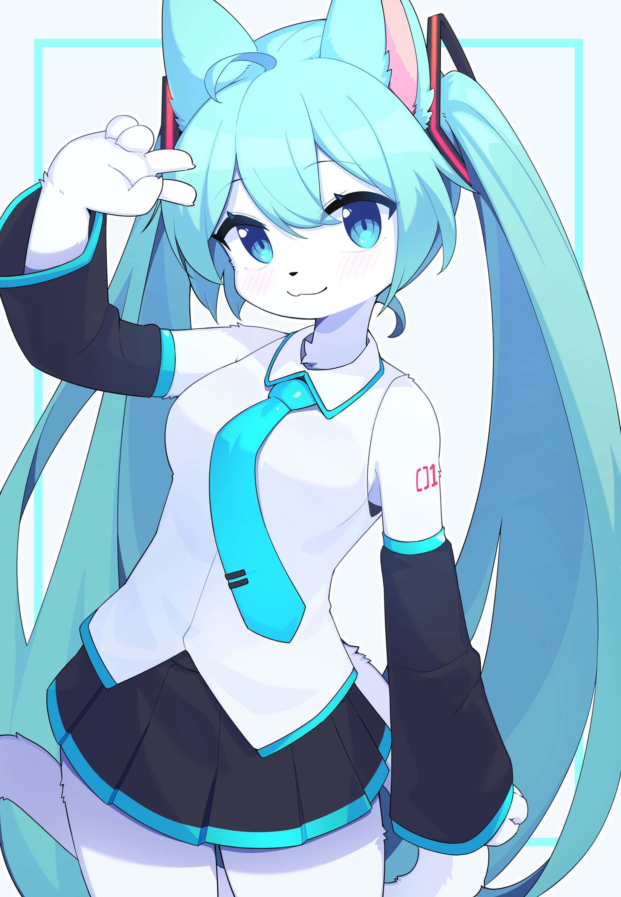初音未來 桌布 壁紙 — 擁有藍綠色雙馬尾和貓耳的動漫女孩，在簡約淺藍色背景前，穿著校服開心地揮手。