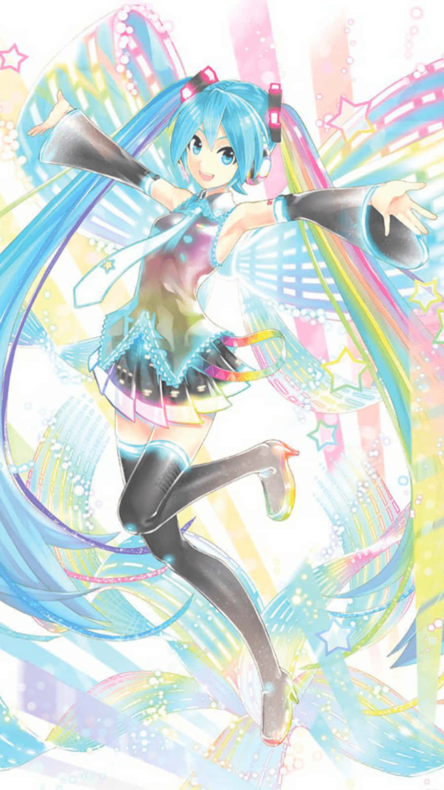 Vocaloid 桌布 壁紙 — 擁有藍綠色雙馬尾的動漫角色在旋轉的彩虹絲帶和閃爍星星中歡快地跳舞。