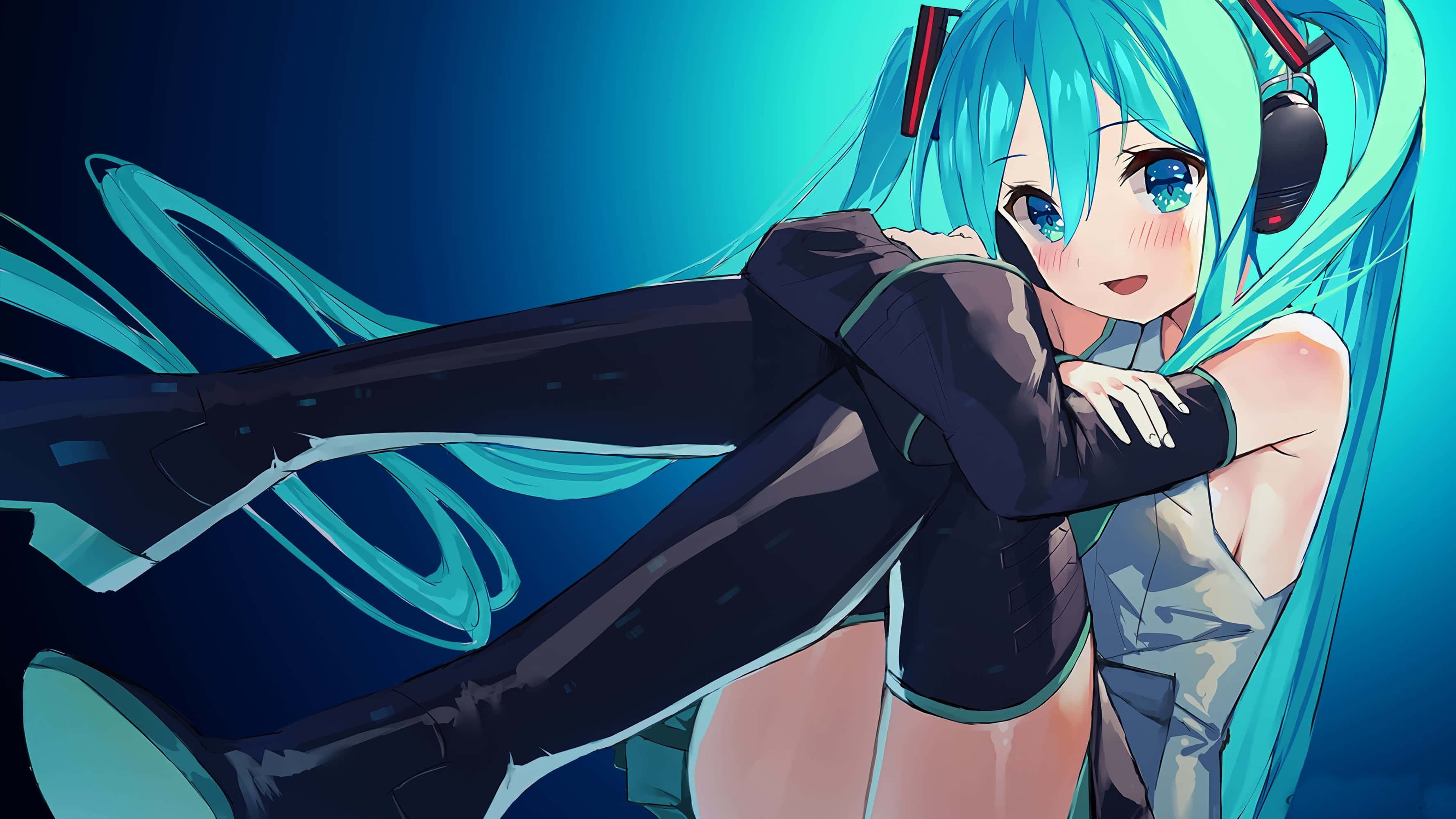 初音未來 桌布 壁紙 — 擁有藍綠色頭髮和耳機的動漫角色，在發光的藍色漸變背景前動態擺姿勢。