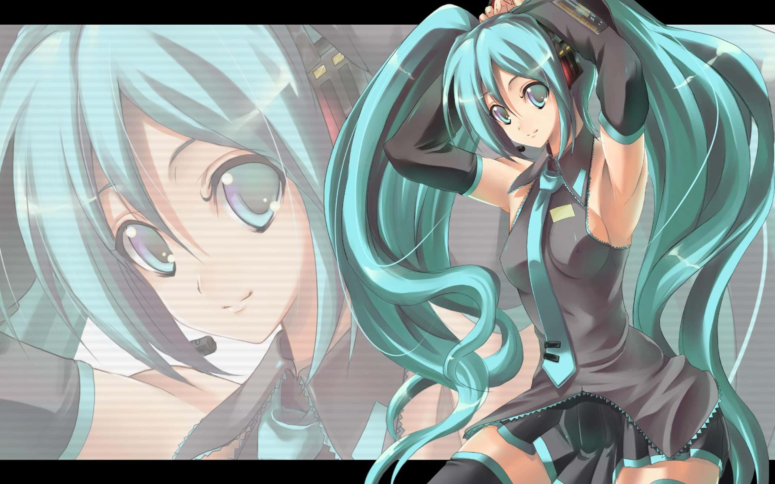 初音未來 桌布 壁紙 — 擁有藍綠色頭髮和耳機的動漫角色在模糊背景前動態擺姿勢。