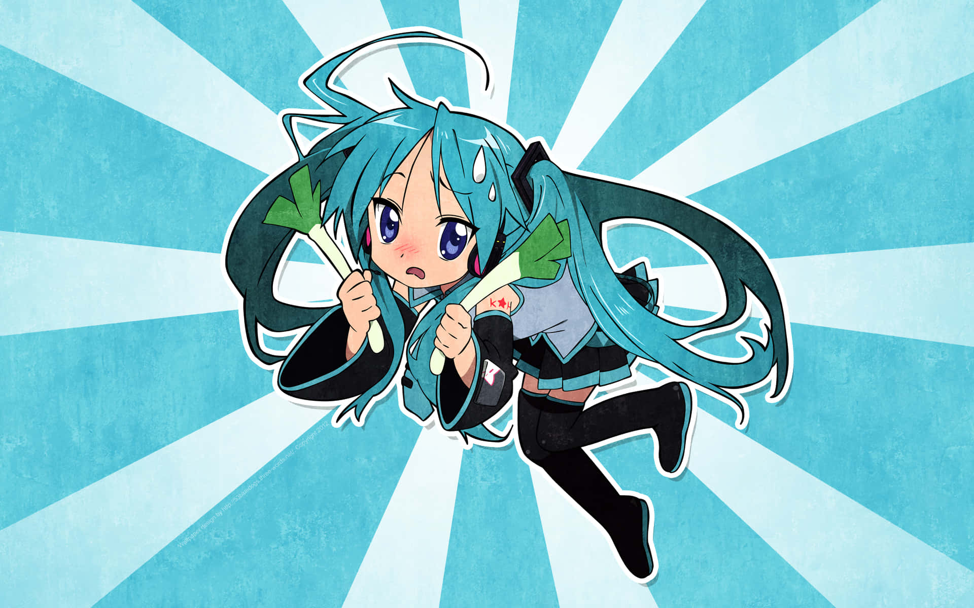 初音未來 桌布 壁紙 — 擁有藍綠色頭髮和貓耳的角色，在藍色放射背景中手持兩根蔥。