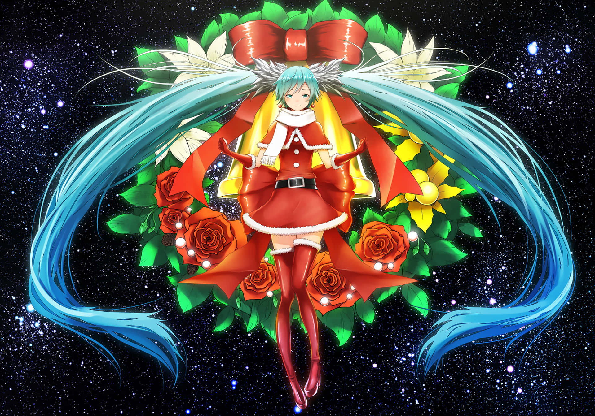 miku 桌布 壁紙 — 擁有藍綠色頭髮的動漫角色，身穿紅色聖誕老人服裝，在玫瑰和巨大蝴蝶結之間漂浮，背景是星空夜空。