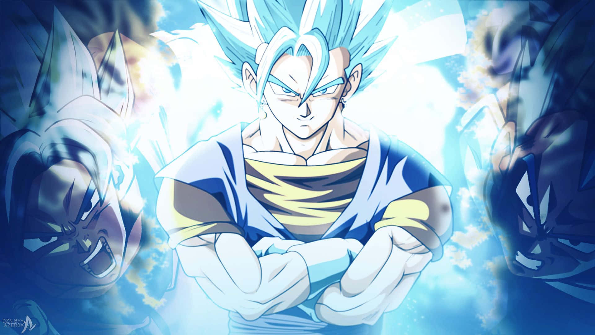 Gogeta And Vegito 桌布 壁紙 — 擁有藍色尖刺頭髮和發光光環的動漫角色，在明亮的藍色能量背景下，握緊拳頭強力站立。