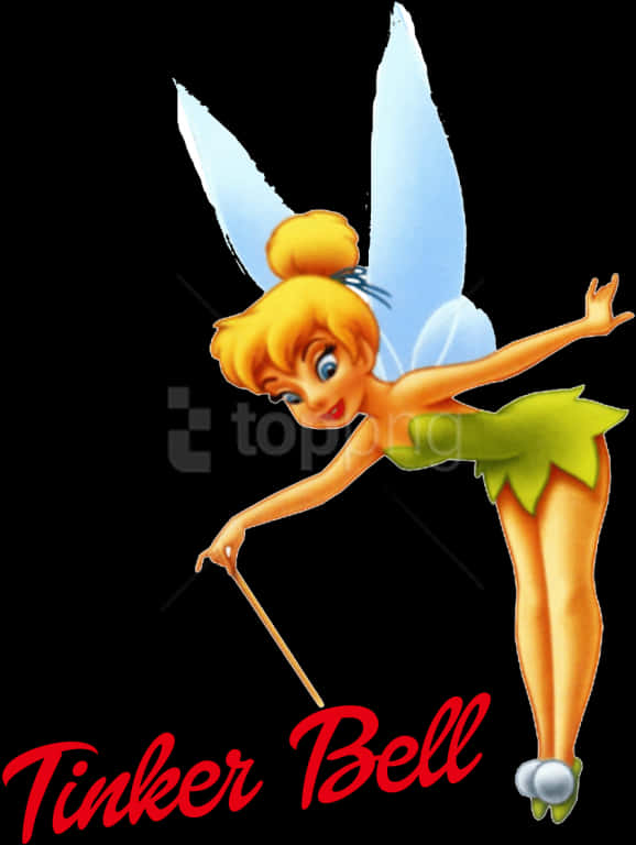 Tinker Bell 桌布 壁紙 — 擁有藍色翅膀和綠色葉裙的小仙子Tinker Bell在黑色背景上快樂地飛翔。