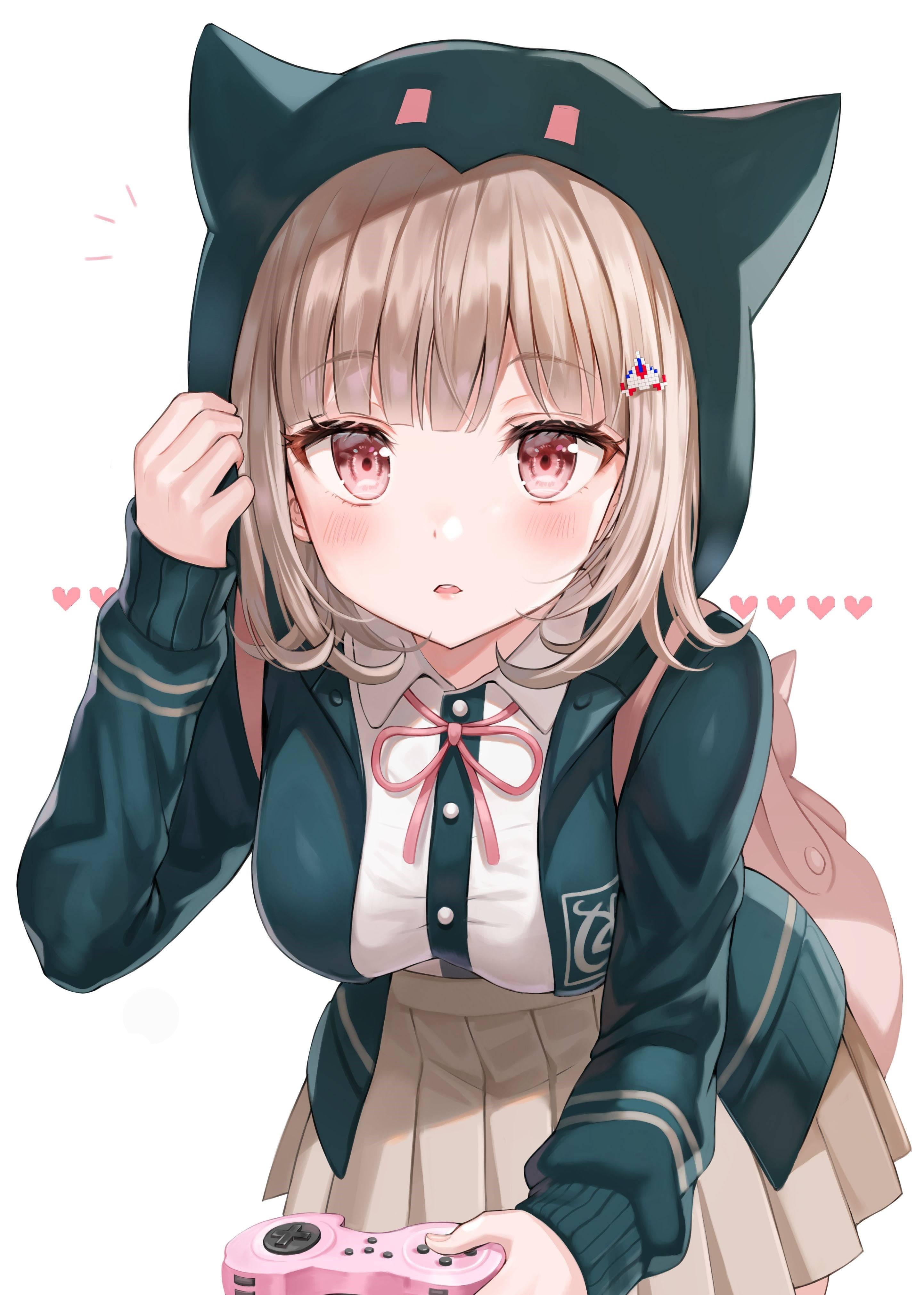 Chiaki 桌布 壁紙 — 擁有貓耳和粉紅臉頰的動漫女孩，手持粉紅色遊戲控制器，周圍漂浮著愛心。