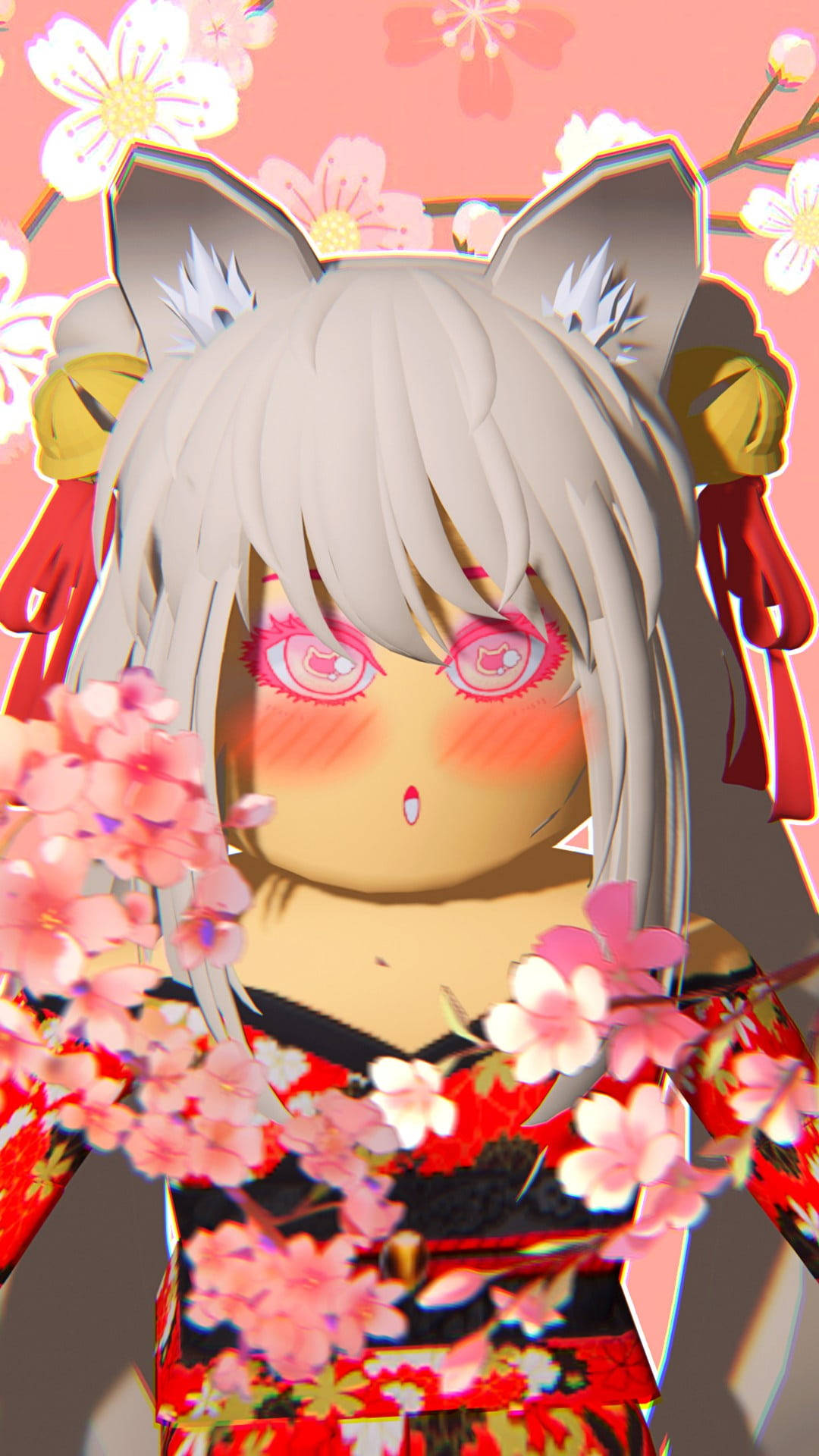Roblox 桌布 壁紙 — 擁有貓耳和粉紅色眼睛的動漫女孩，穿著紅色花卉和服，被盛開的櫻花環繞，背景是柔和的粉紅色。