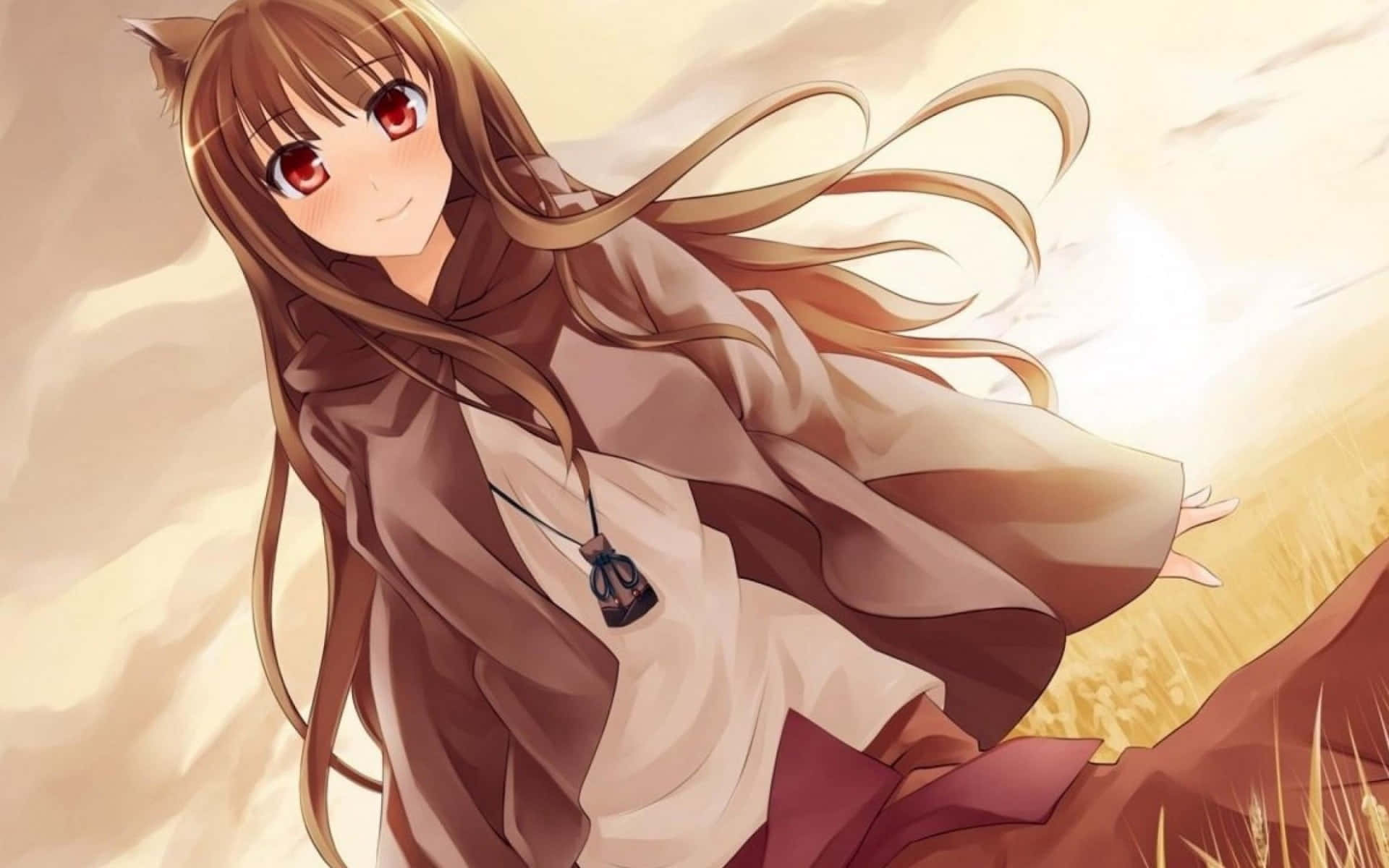 桌布 壁紙 — 擁有貓耳和紅眼睛的動漫女孩微笑著，風吹動她的長棕髮和斗篷，背景是金色田野。