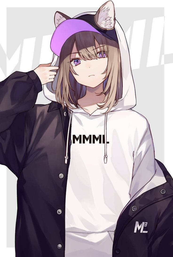 少女風 桌布 壁紙 — 擁有貓耳和紫色眼睛的動漫女孩，在灰色背景前穿著黑色外套下的白色連帽衫。