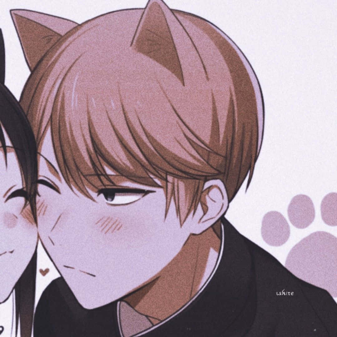 Aesthetic Anime Pfp 桌布 壁紙 — 擁有貓耳和臉紅的動畫男孩在帶有爪印背景的女孩旁邊微笑。