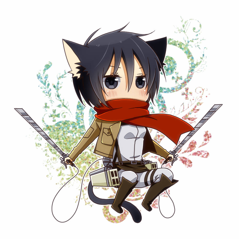 Mikasa 桌布 壁紙 — 擁有貓耳和貓尾的Q版動漫女孩，戴著紅色圍巾和軍事裝備，手持兩把劍，背景是花卉漩渦圖案。