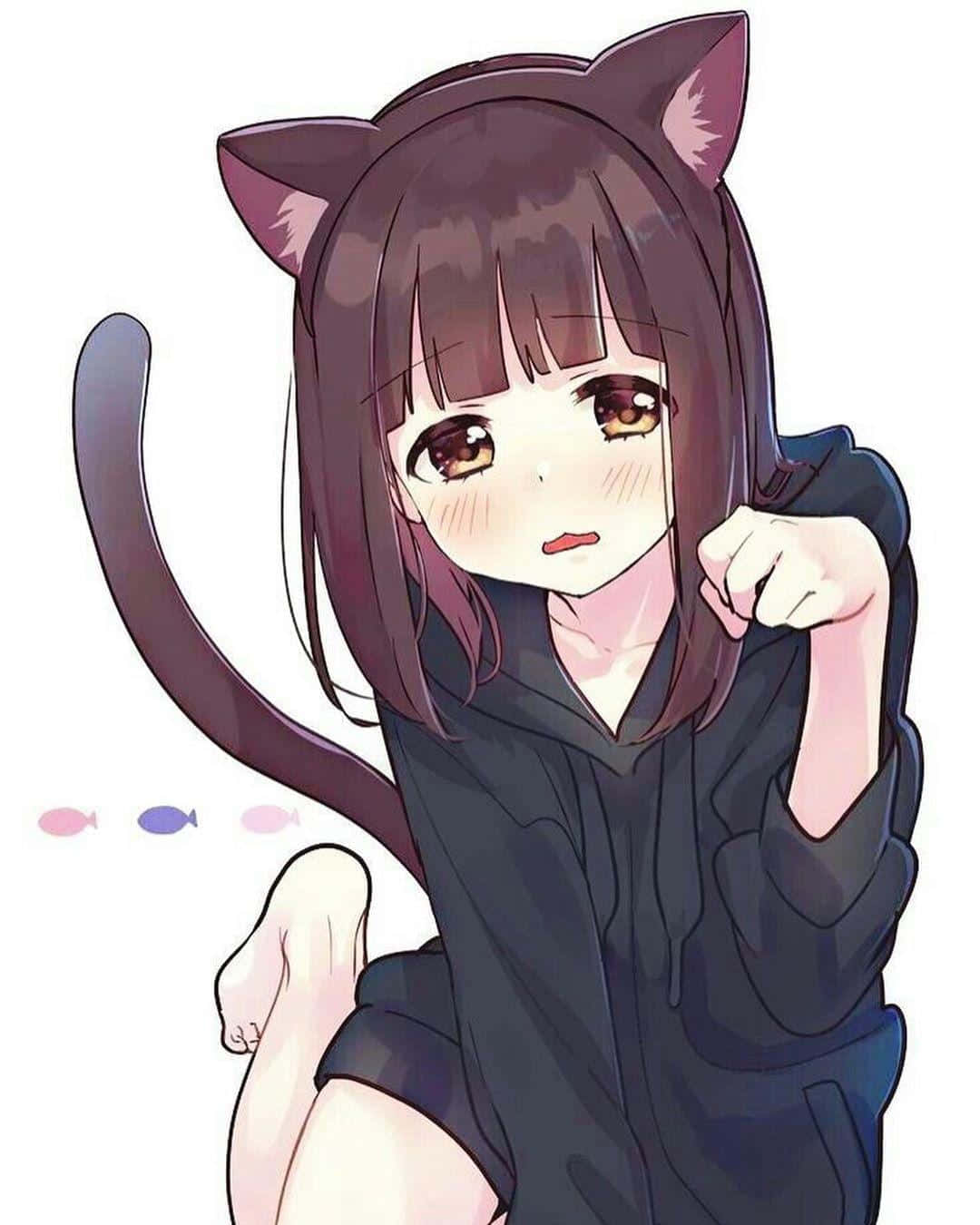 Menhera Chan 桌布 壁紙 — 擁有貓耳和貓尾的動漫女孩穿著深色連帽衫，臉紅並帶著堅定的表情擺姿勢。