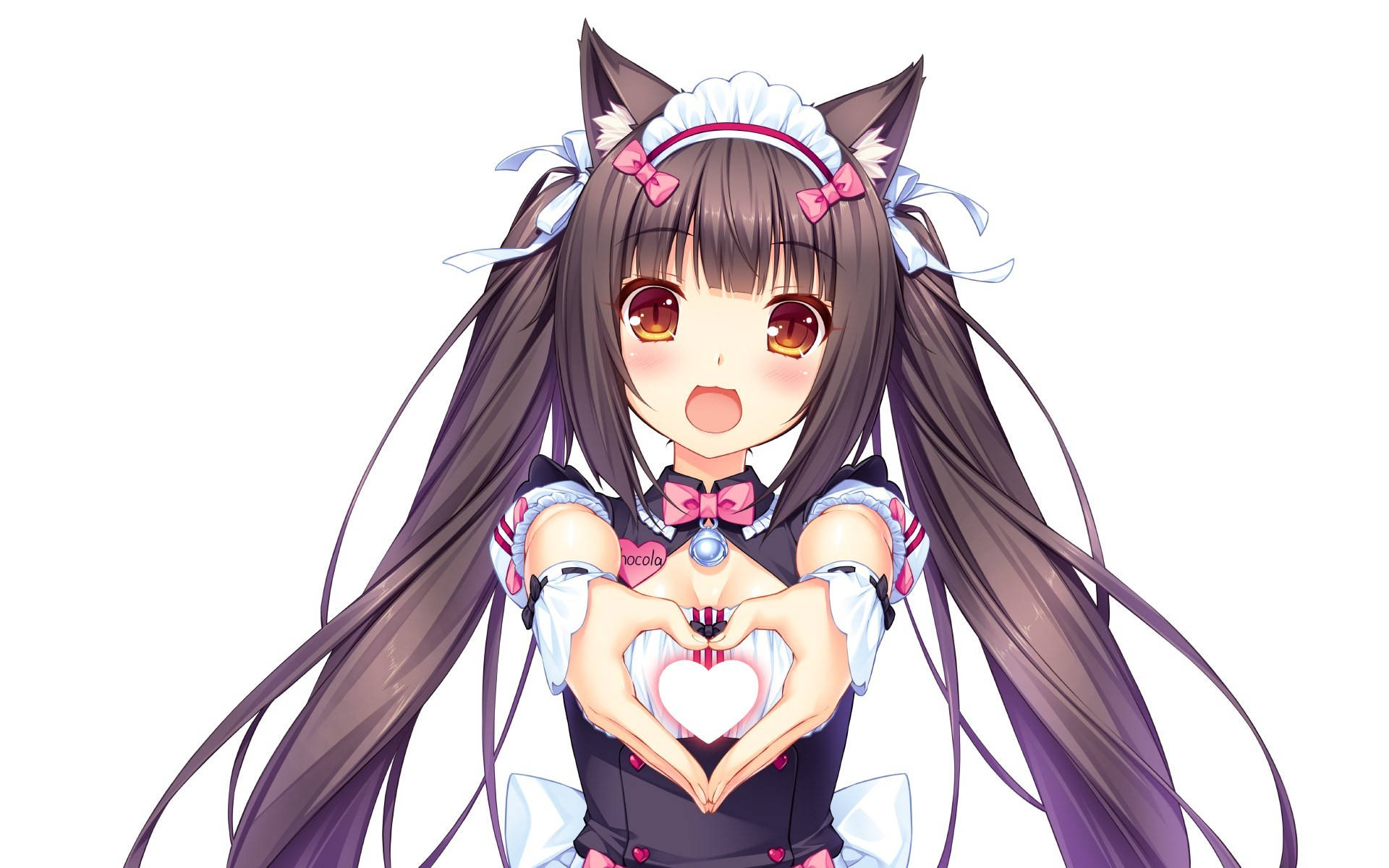 Nekopara 桌布 壁紙 — 擁有貓耳和長棕髮的動漫女孩，穿著女僕裝，用雙手比出心形。