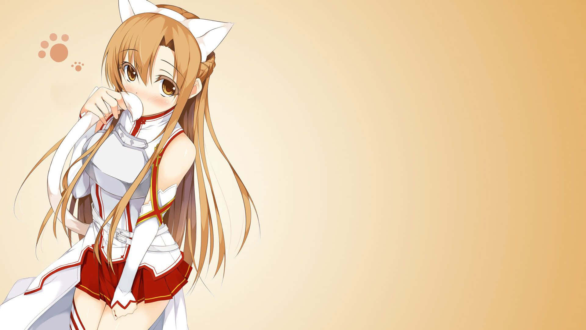 Yuuki Asuna 桌布 壁紙 — 擁有貓耳和長棕髮的動漫女孩在溫暖的米色背景前啜飲杯子。