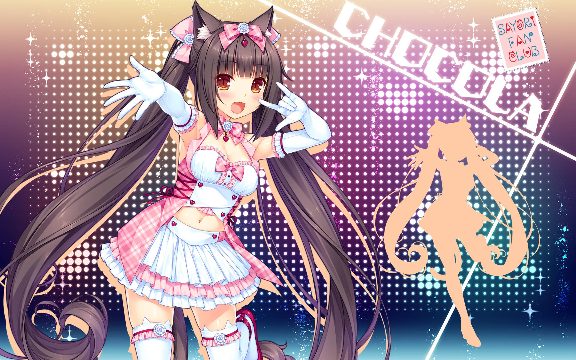 Nekopara 桌布 壁紙 — 擁有貓耳和長髮的動漫女孩，穿著粉紅色服裝，在閃閃發光的漸變背景前愉快地擺姿勢。