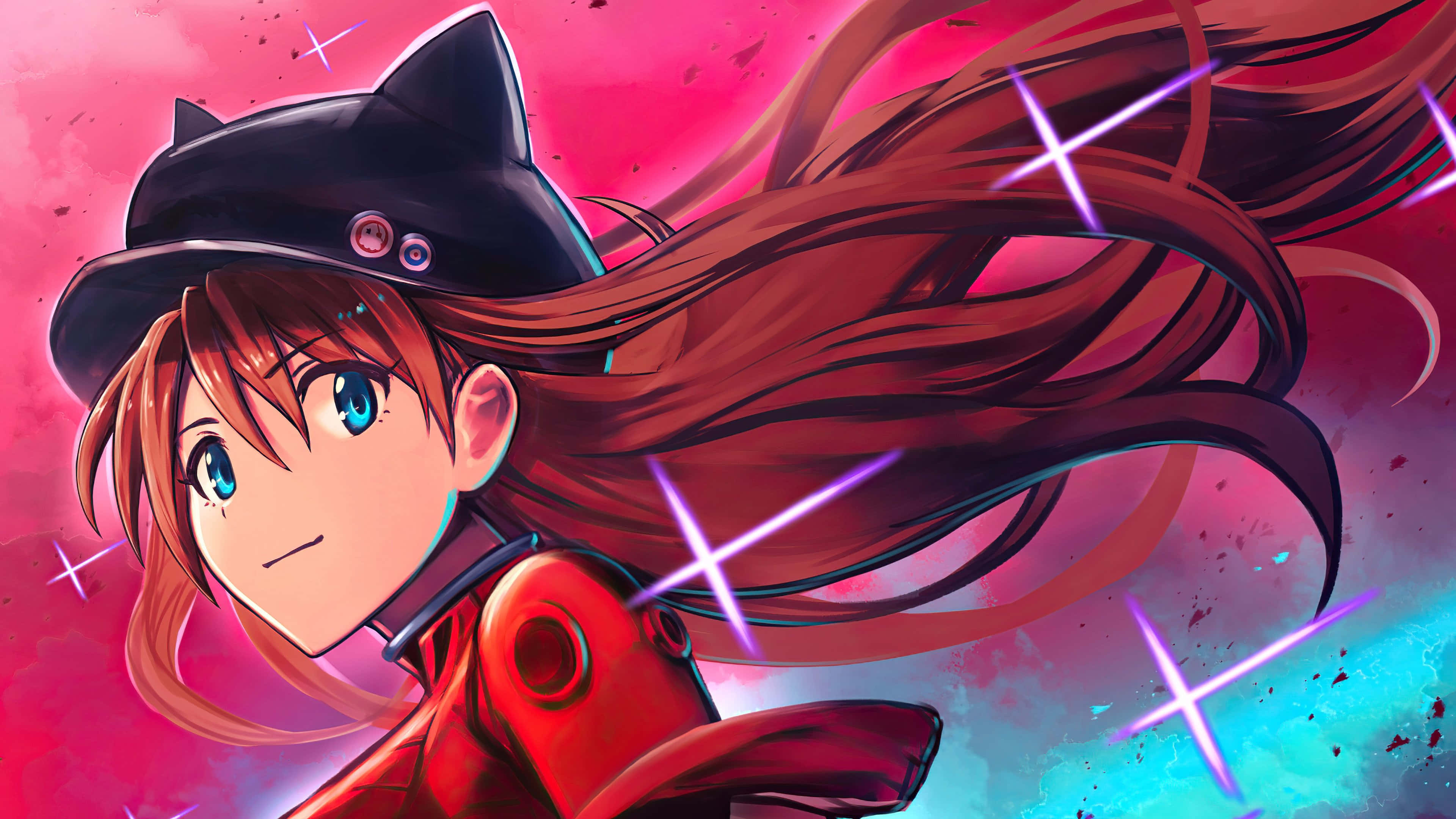 Asuka Langley Soryu 桌布 壁紙 — 擁有貓耳和飄逸紅髮的動漫女孩在帶有發光條紋的鮮豔粉藍色宇宙背景前微笑。