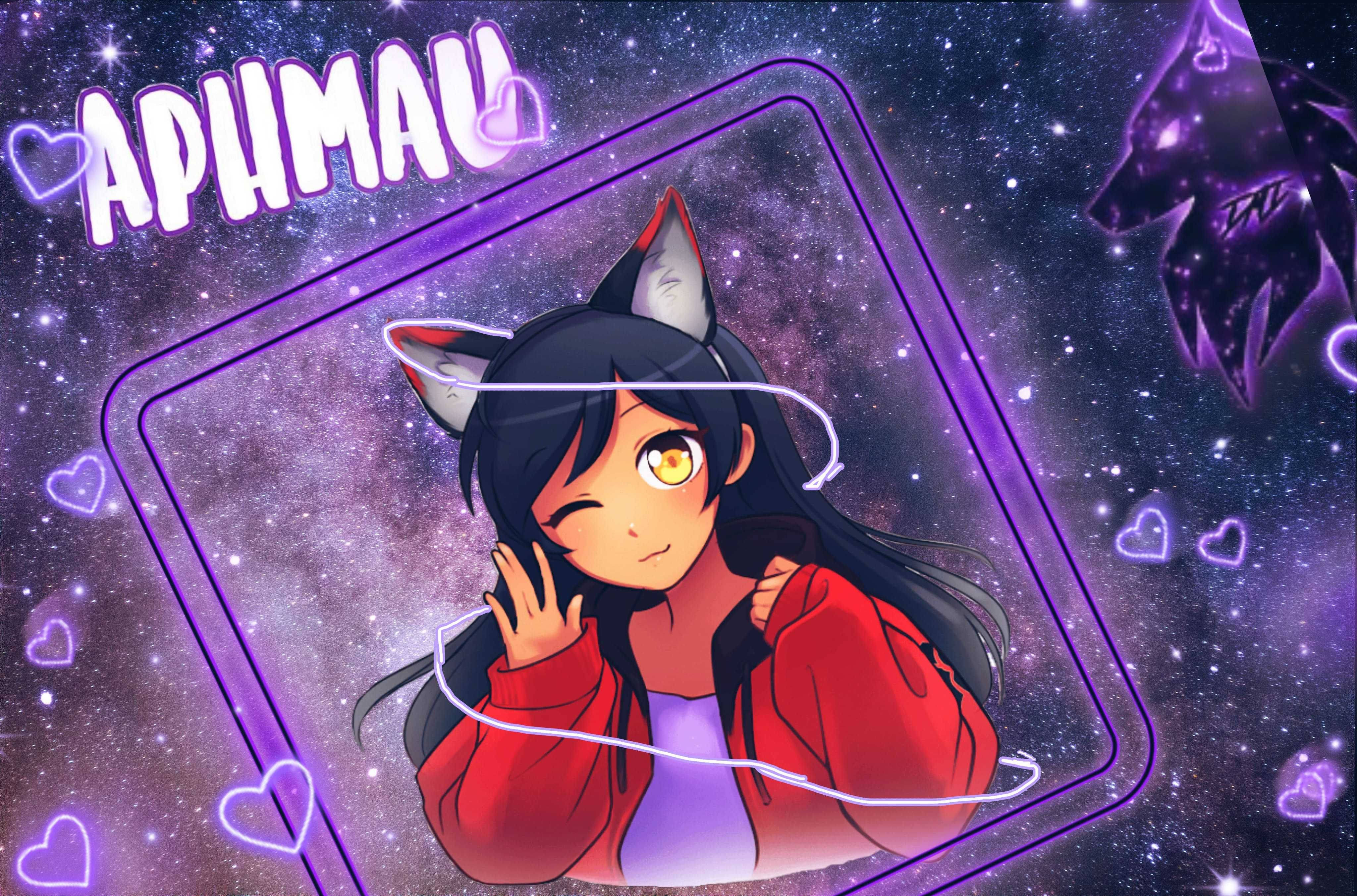 Aphmau 桌布 壁紙 — 擁有貓耳和黃色眼睛的動漫女孩，穿著紅色外套，在紫色星空太空背景中微笑，背景中有心形圖案。