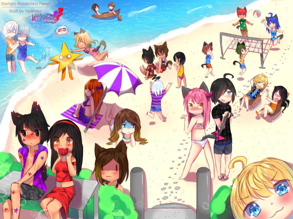 Aphmau 桌布 壁紙 — 擁有貓耳的動漫角色在陽光明媚的海灘日打排球並在遮陽傘下放鬆。