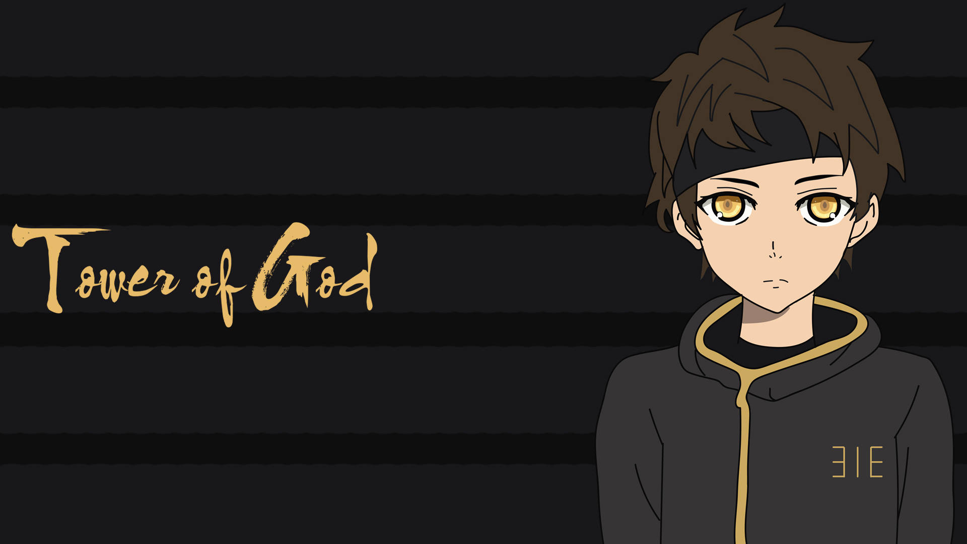 Tower Of God 桌布 壁紙 — 擁有金色眼睛、穿著黑色連帽衫的動漫角色，站在深色條紋背景前，帶有金色字體的「Tower of God」標題。